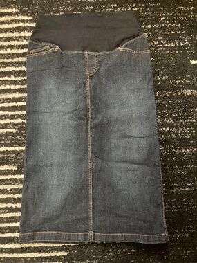 Duo Maternity Small Skirt EUC Dark Wash Denim Slit Modest RARE HTF Modern Womens